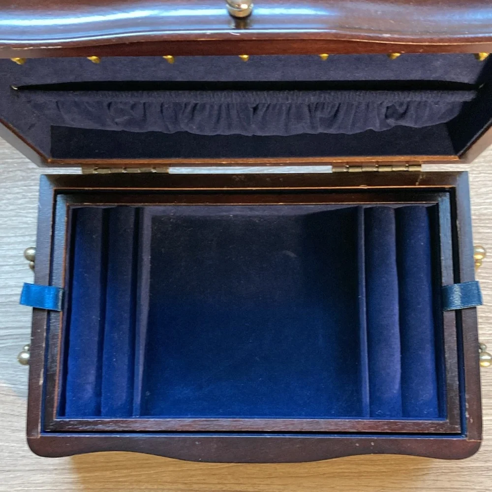 Powell Wooden Jewelry Box with Blue Velvet Interior vintage gorgeous